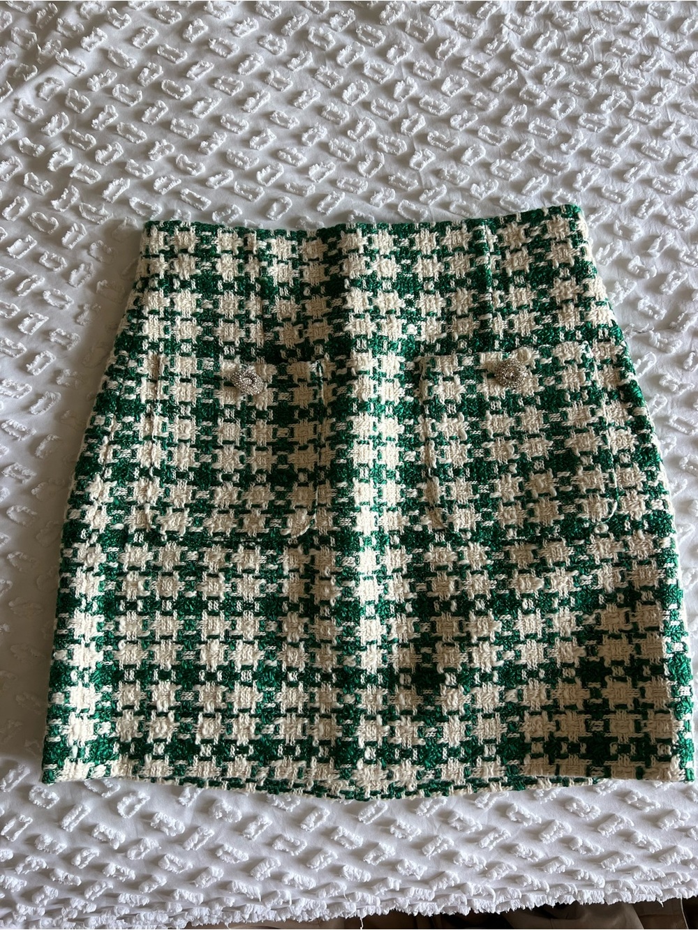 Zara Green and Cream Tweed Mini Skirt with Decorative Buttons